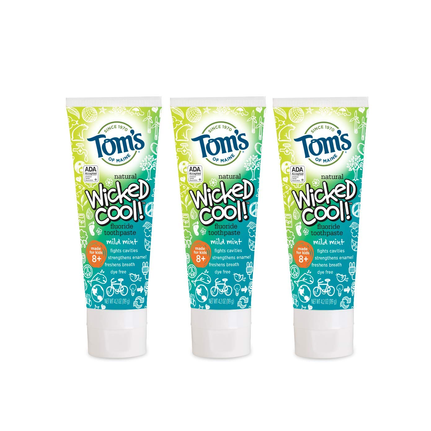Front view of Tom's of Maine Wicked Cool! Kids Fluoride Toothpaste 3-pack with Mild Mint flavor