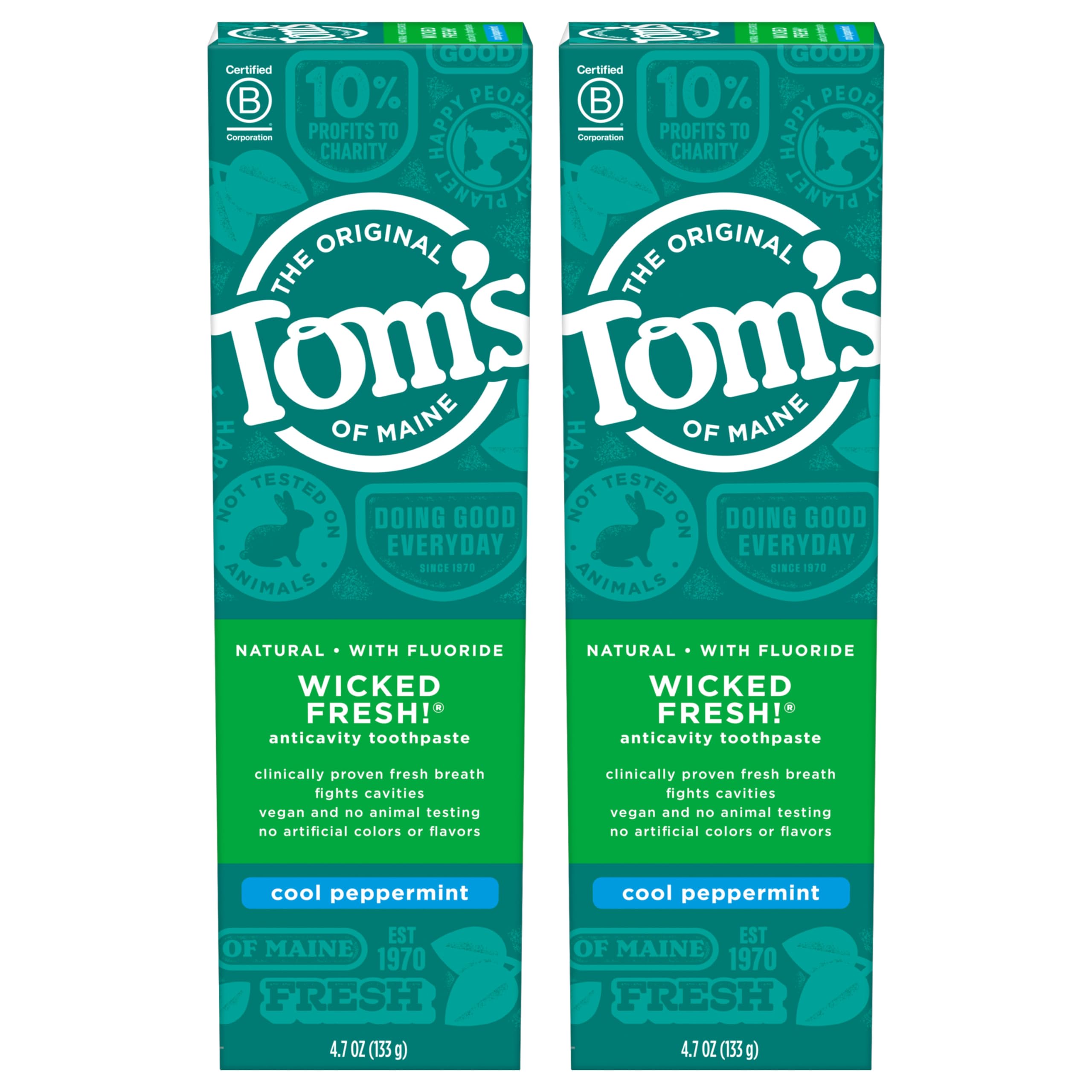 Two 4.7 oz tubes of Tom's of Maine Wicked Fresh Natural Fluoride Toothpaste in Cool Peppermint flavor - 2-pack