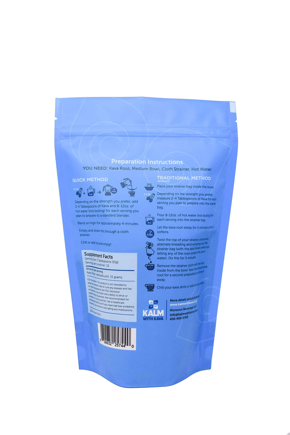 Premium Pouni Ono Kava Root from Tonga - 0.5lb bag - side view