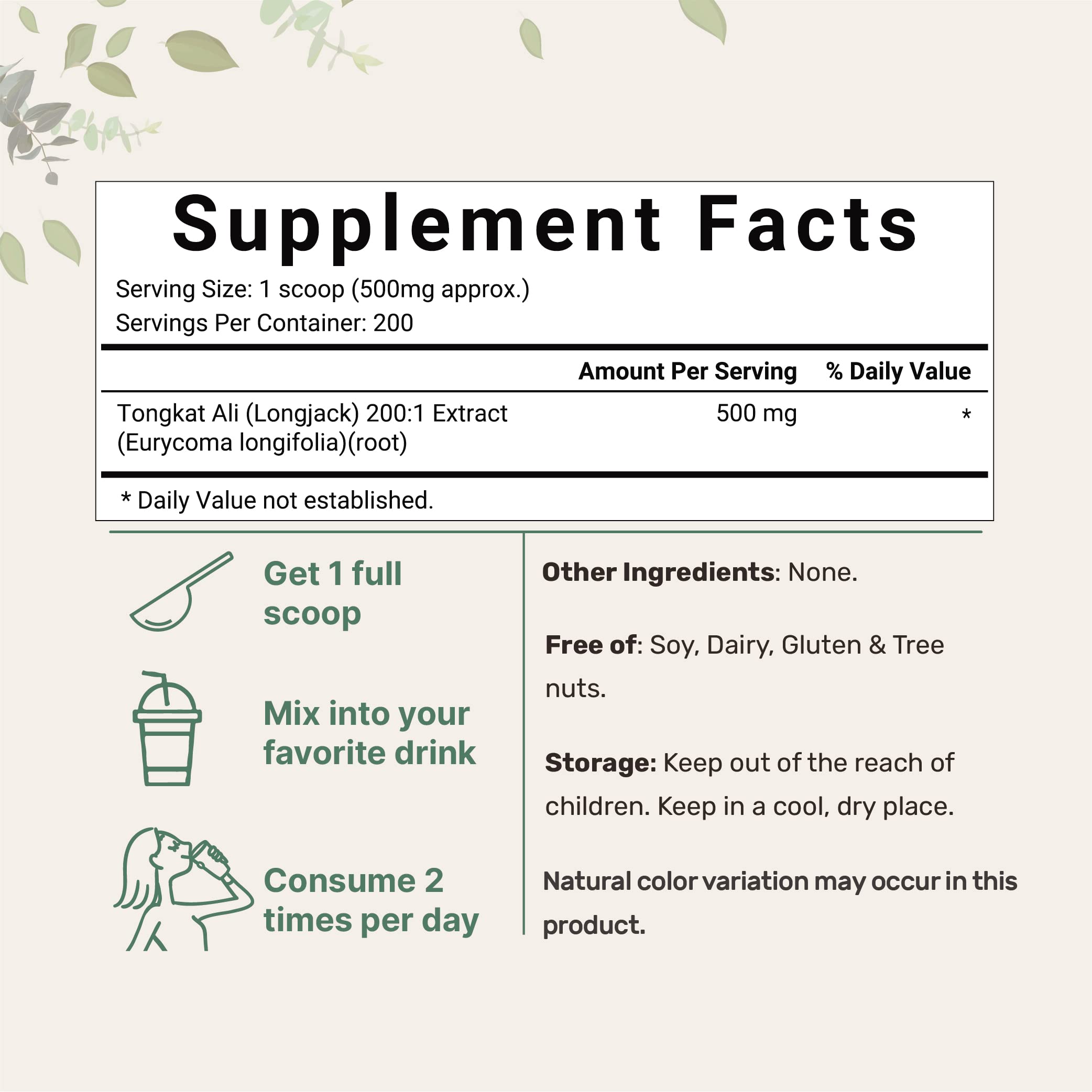 Back label detailing ingredients and no additives on Tongkat Ali powder