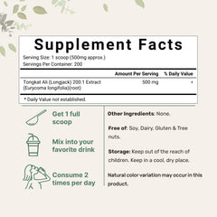 Back label detailing ingredients and no additives on Tongkat Ali powder