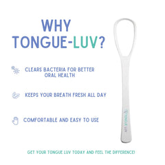 Close-up of Tongue Luv tongue scraper scraping the tongue