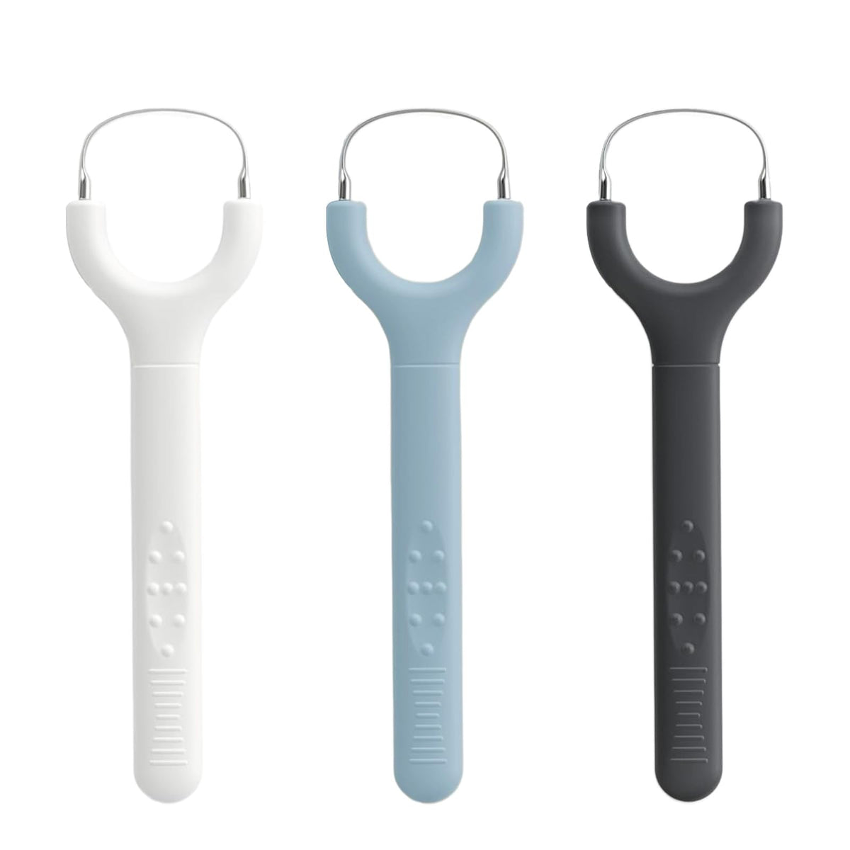 Three-pack colorful tongue scrapers for adults