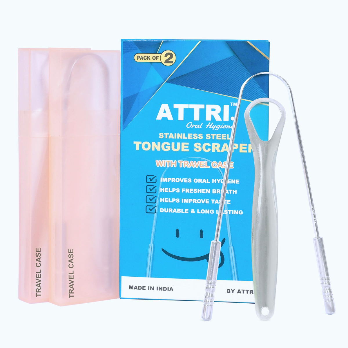 Dual-pack stainless steel tongue scrapers with travel case for adults