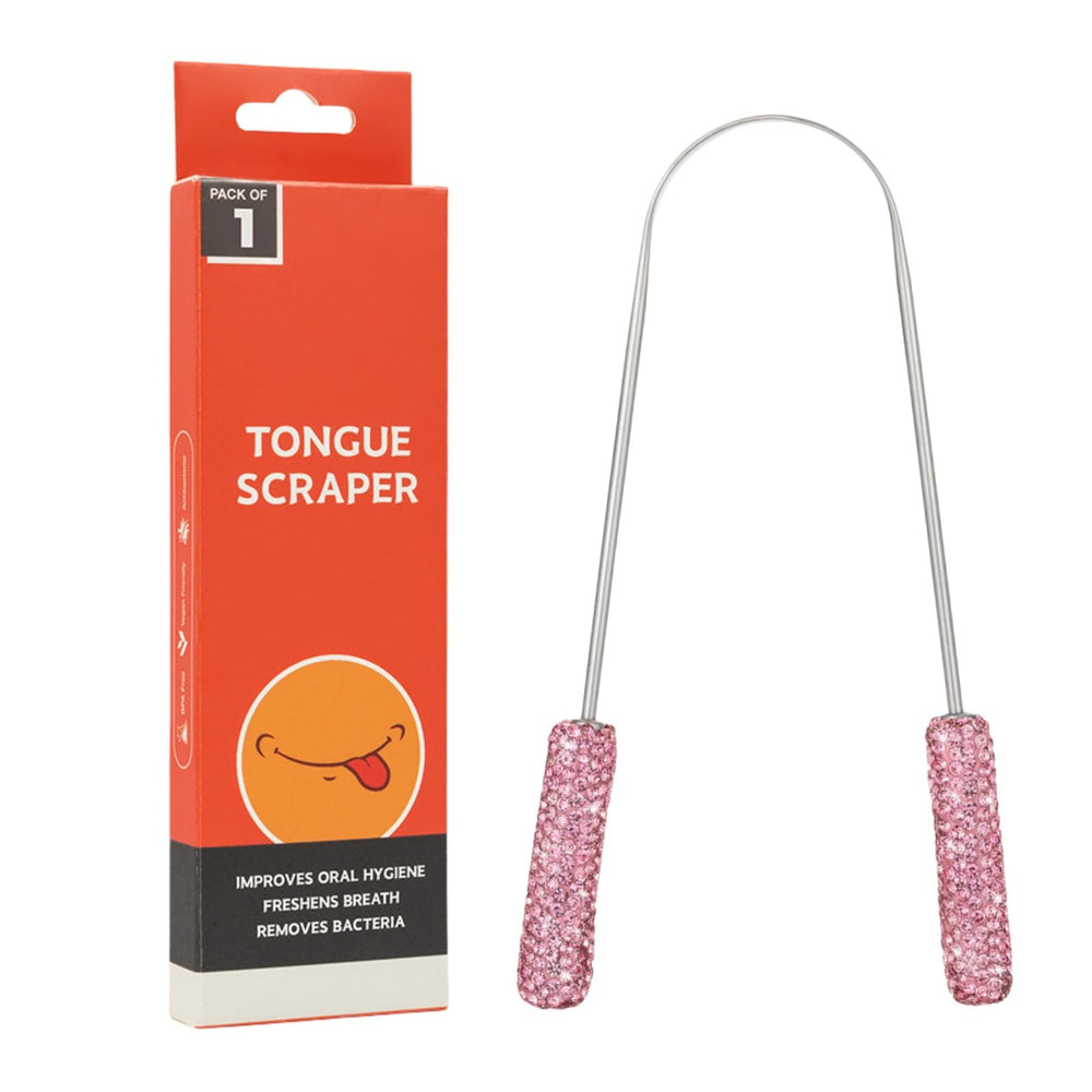Pink Tongue Scraper Bling with diamond crystals on stainless steel – front view
