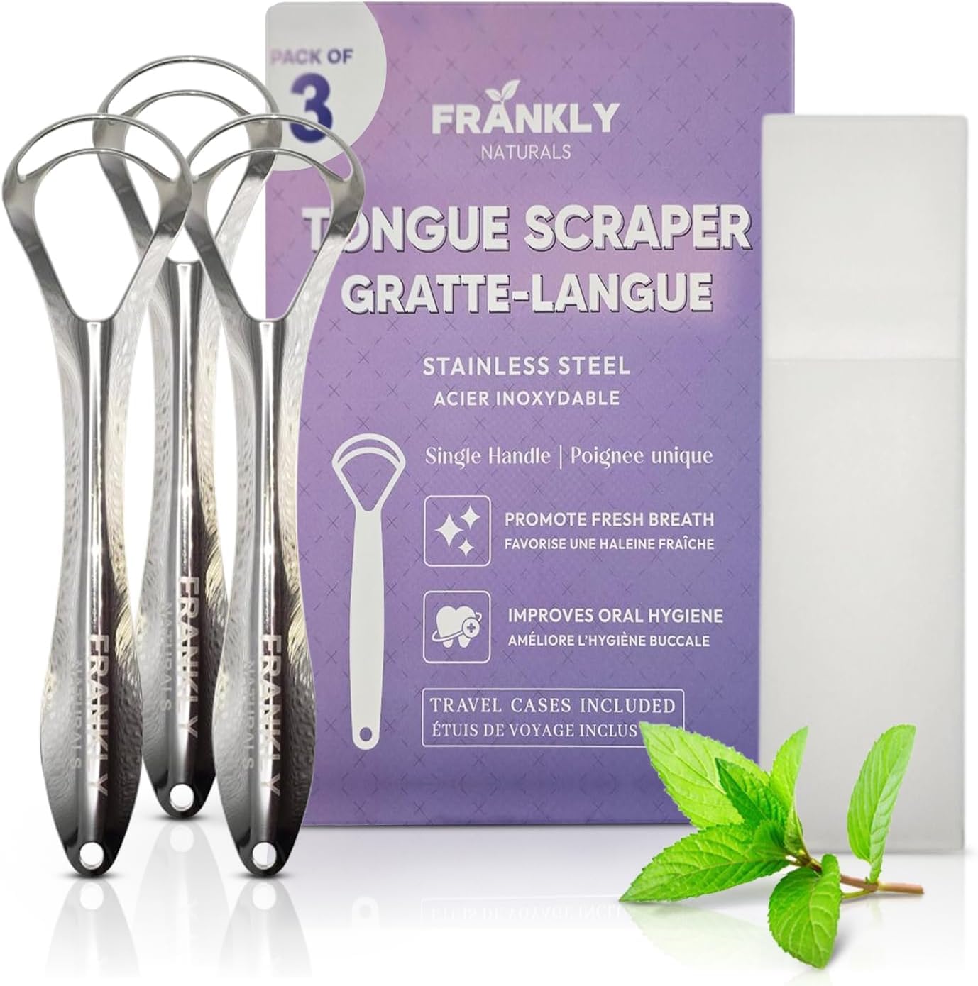 Three-pack tongue scraper set with travel case