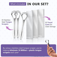 Close-up of stainless steel tongue scraper dual action
