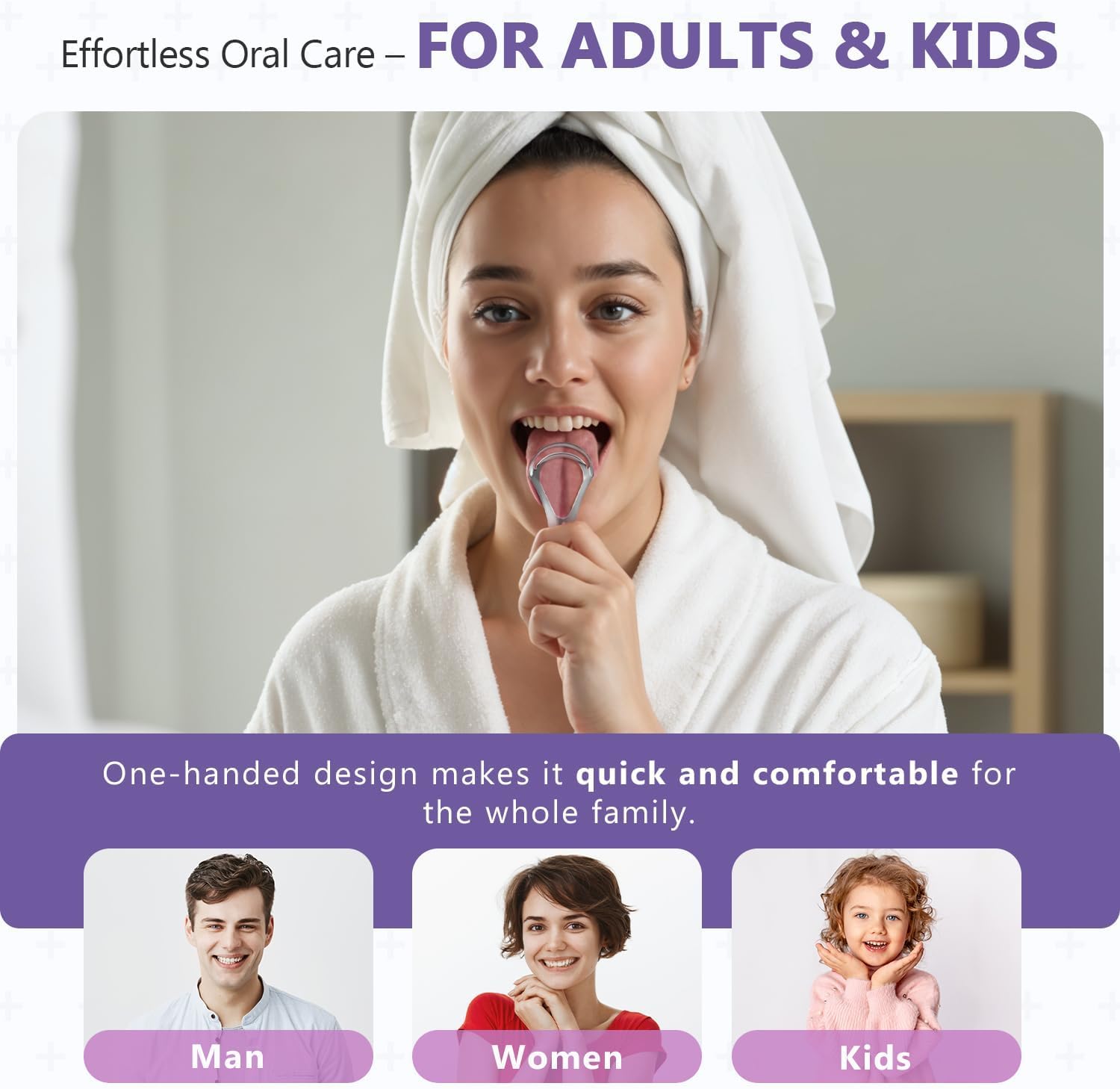Adult and kid-friendly tongue scraper design