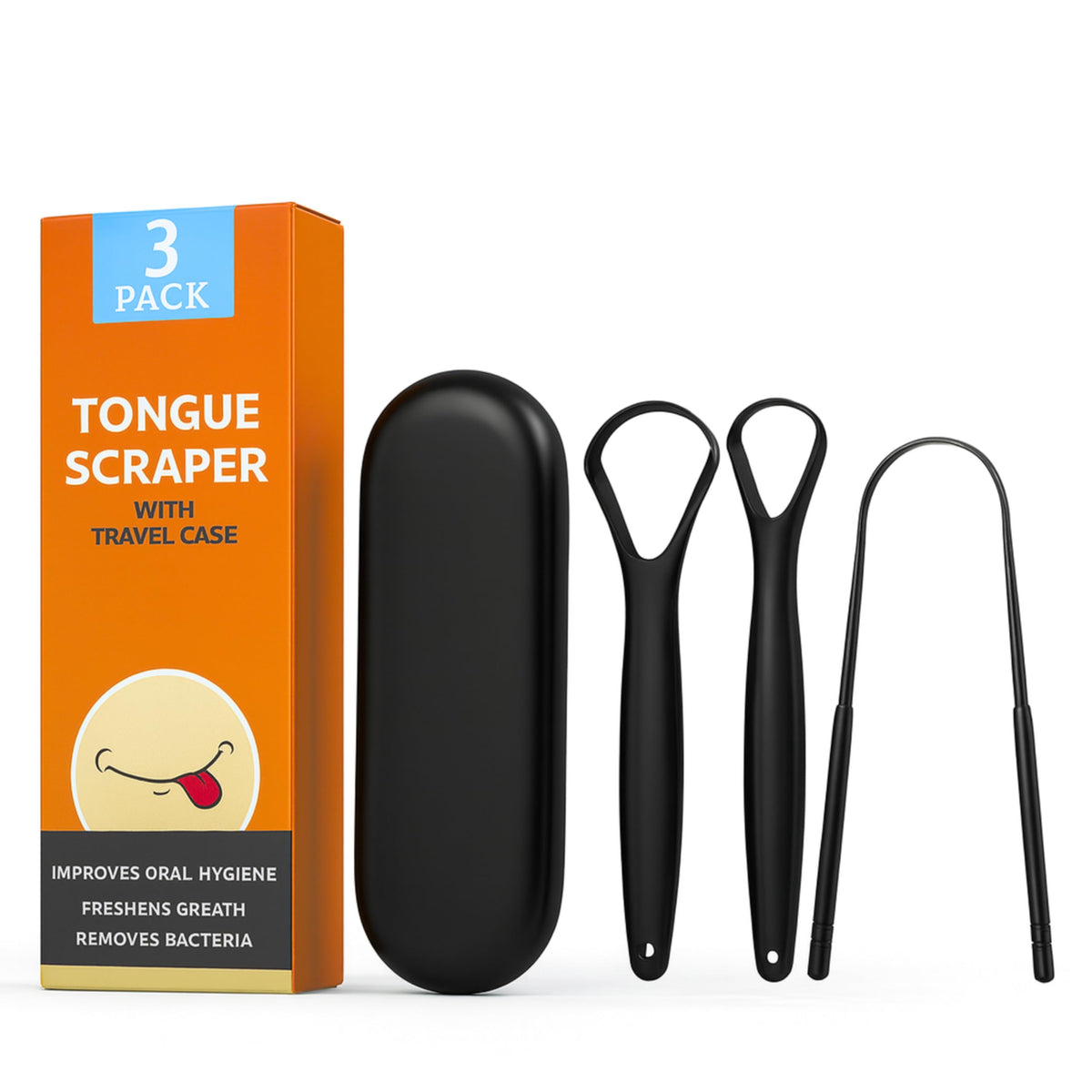 Jet black tongue scraper set with travel case