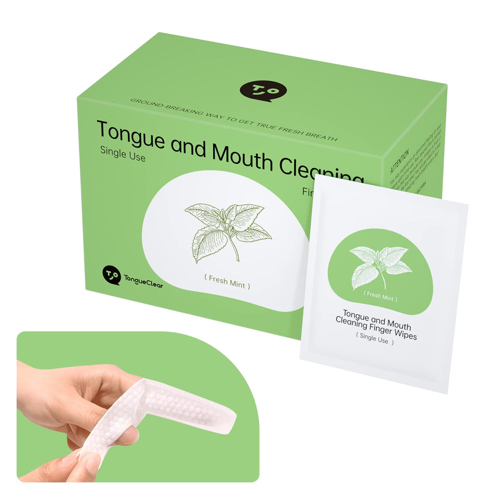 Tongueclear 60-count disposable finger toothbrush packaging