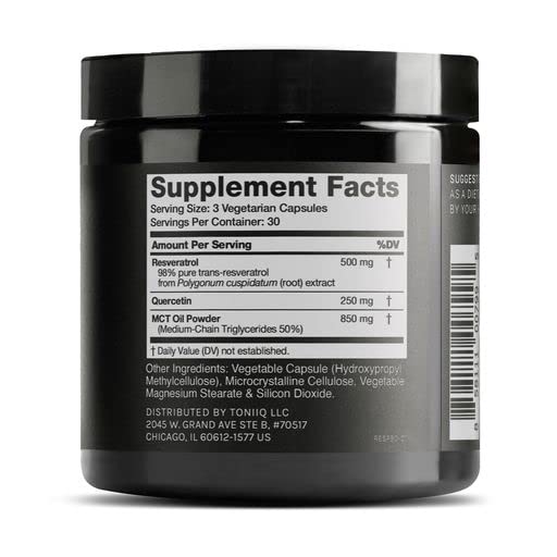 Close-up of Toniiq 1600mg Resveratrol Blend bottle