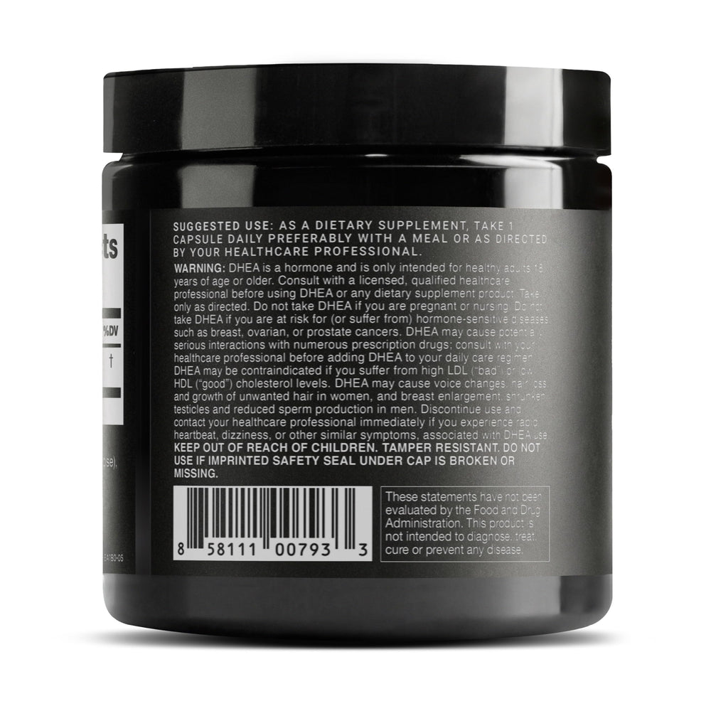 Close-up of micronized DHEA 100mg capsules