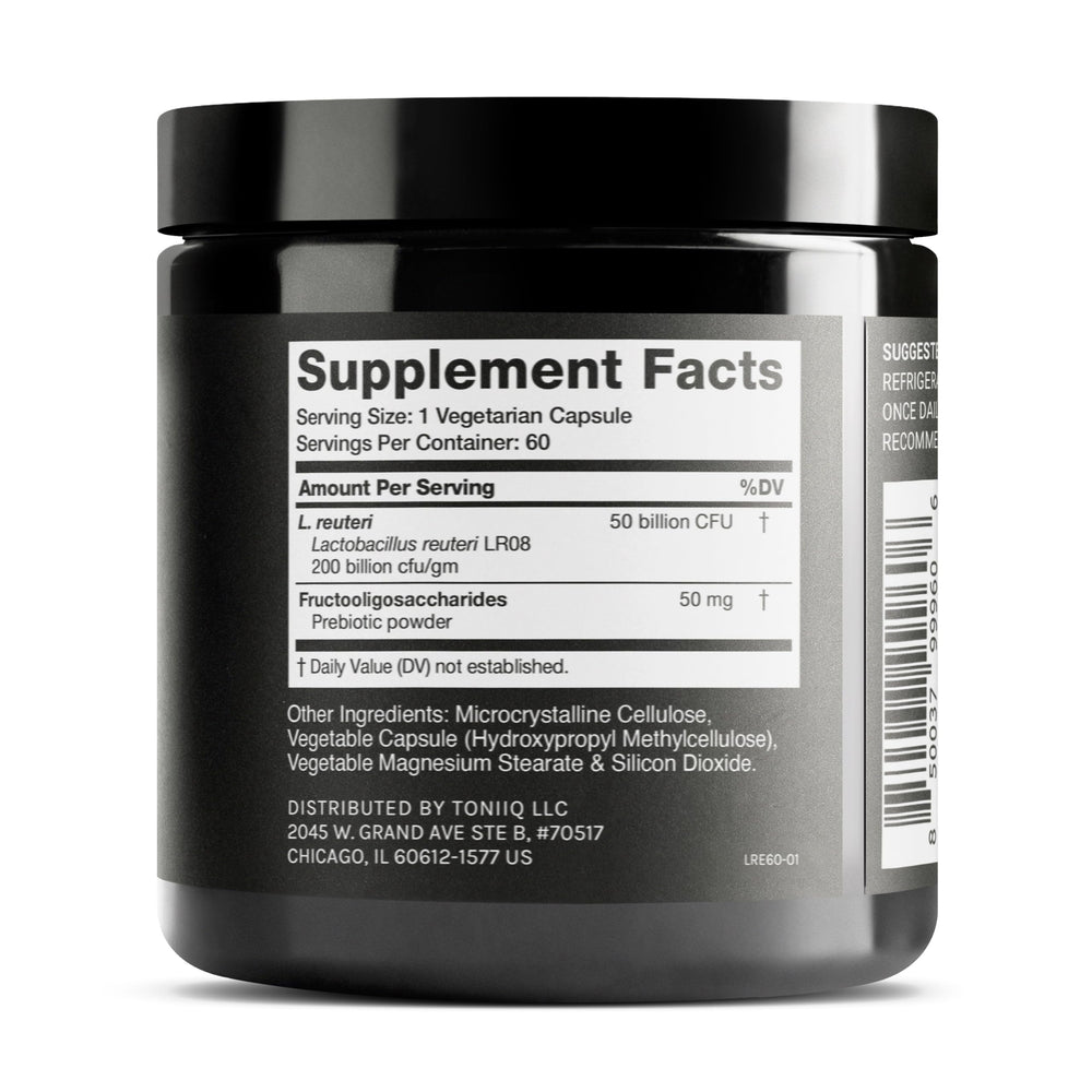 Close-up of Toniiq Lactobacillus Reuteri probiotic label showing 50B CFU