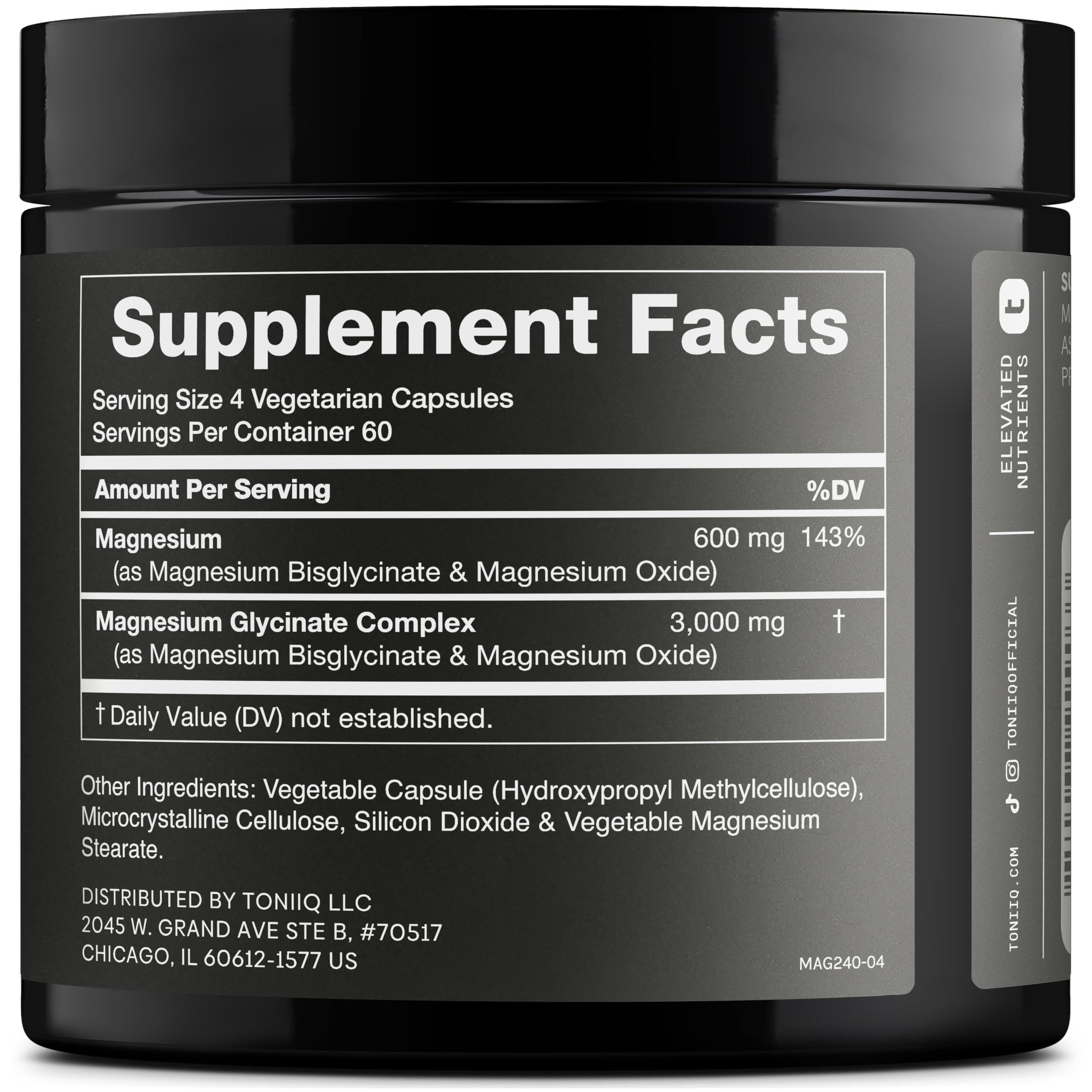Label close-up showing 600 mg elemental magnesium per serving