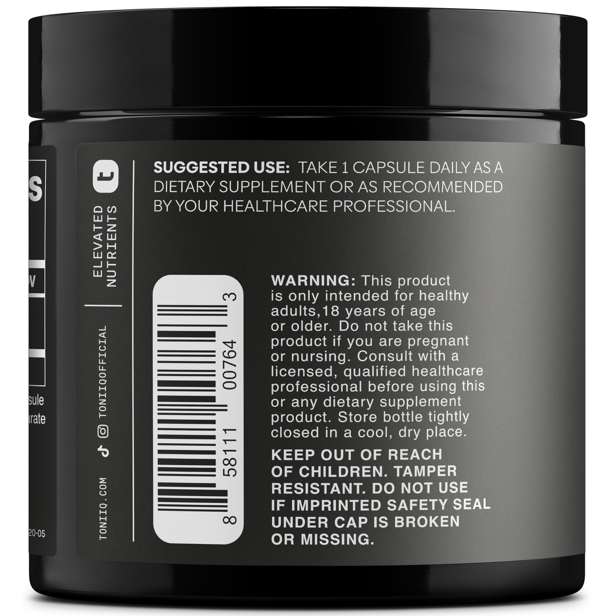 PQQ 99%+ purity certification label on Toniiq packaging