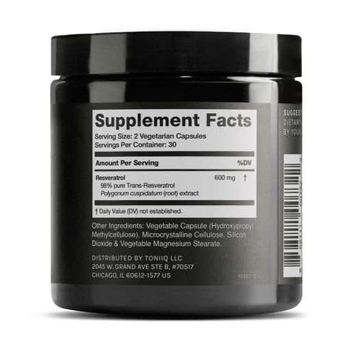 Close-up of Toniiq Resveratrol bottle showing 600mg per serving
