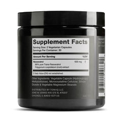 Close-up of Toniiq Resveratrol bottle showing 600mg per serving