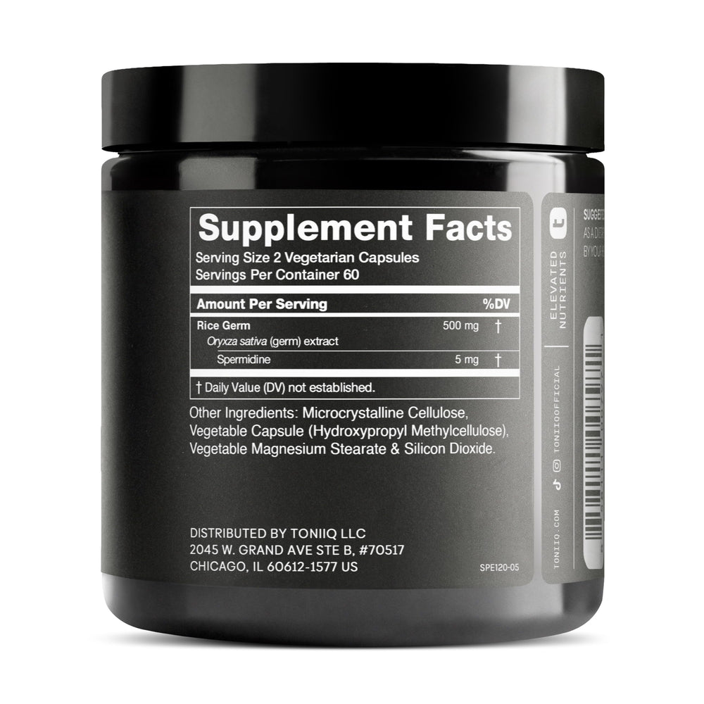 Toniiq Spermidine 500mg bottle back label with supplement facts
