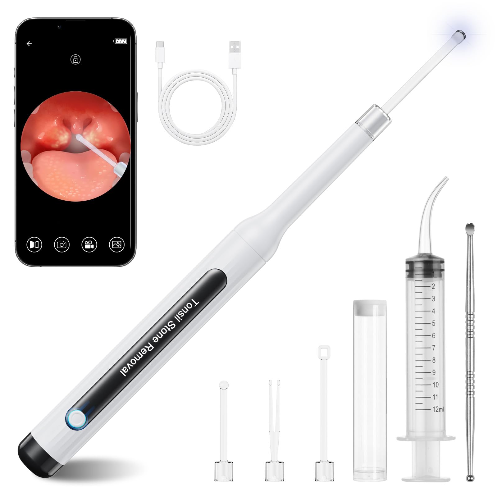 1080p camera with LED light on tonsil stone removal kit
