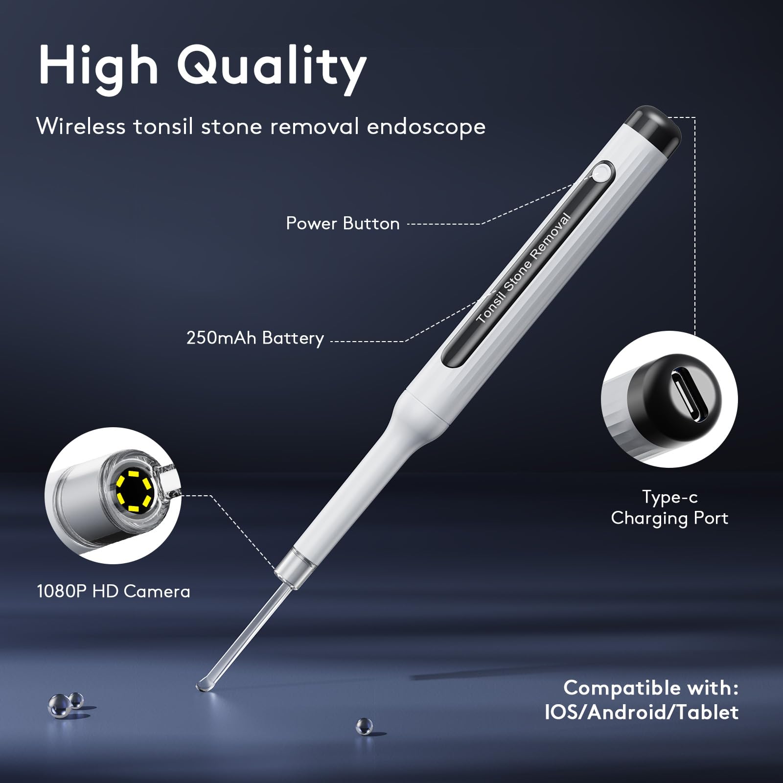 Four removable head attachments for the tonsil stone removal kit