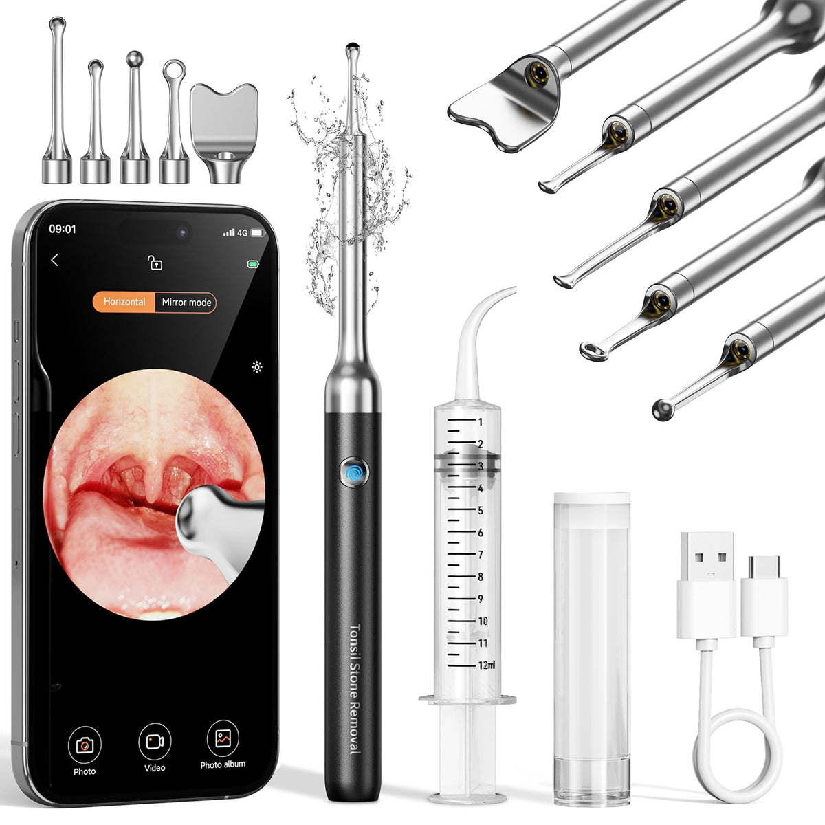 Tonsil stone remover camera with 1080p and 6 LED lights
