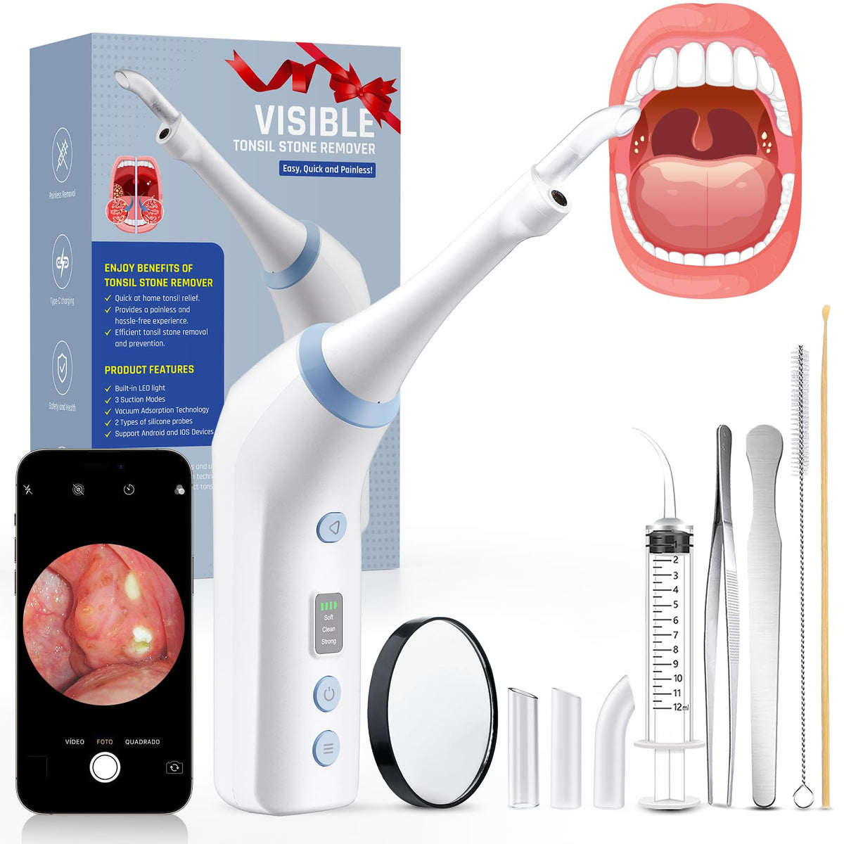 Electronic Tonsil Stone Remover with 360° HD camera and LED lights