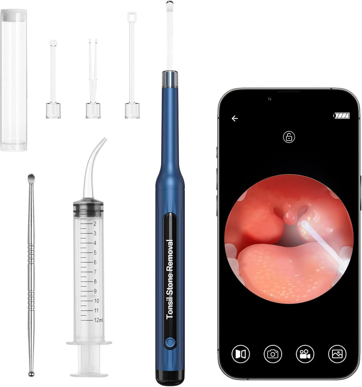 Tonsil Stone Remover with Camera, LED Light, and 4 Attachment Tips