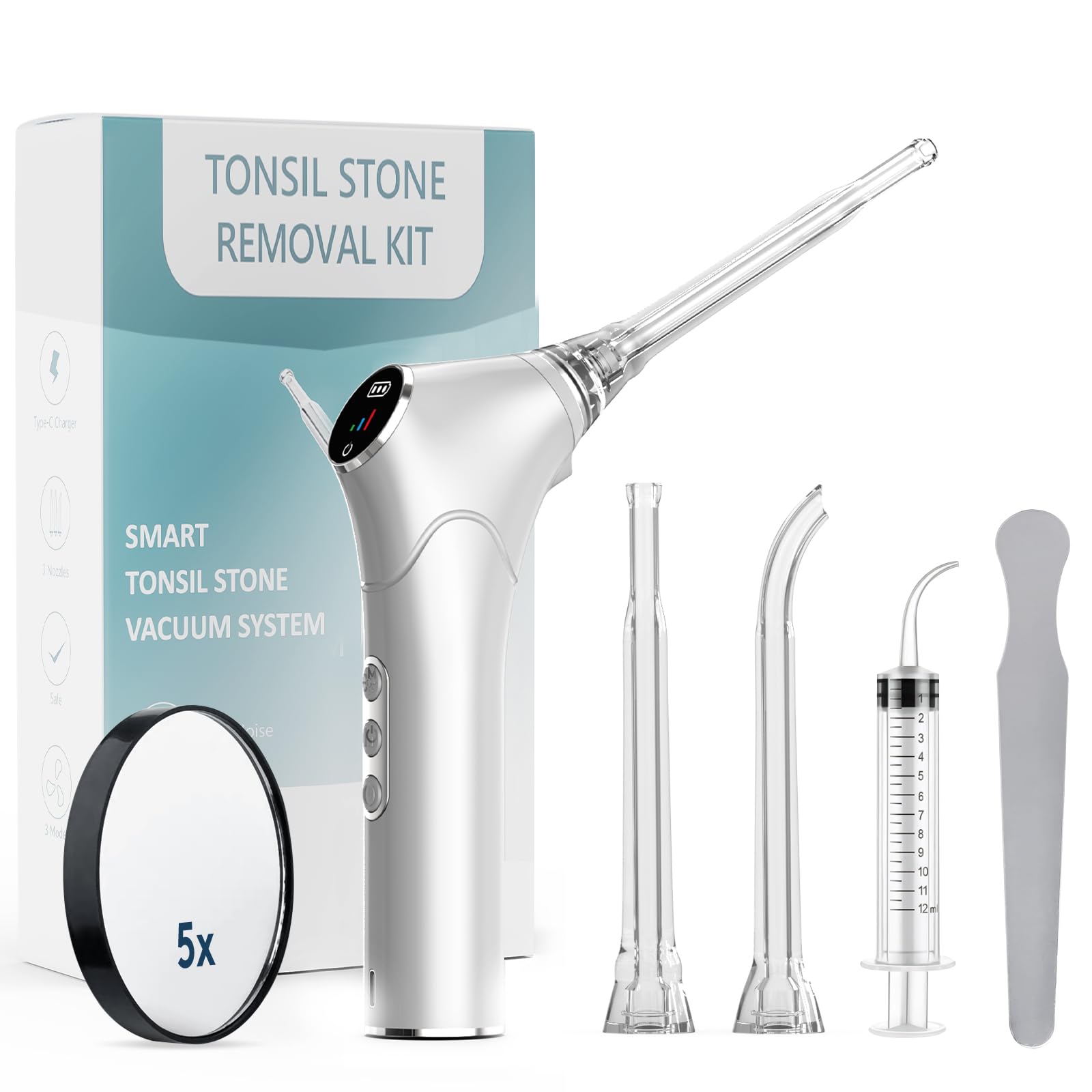 White Tonsil Stone Remover Kit with 3-level suction system