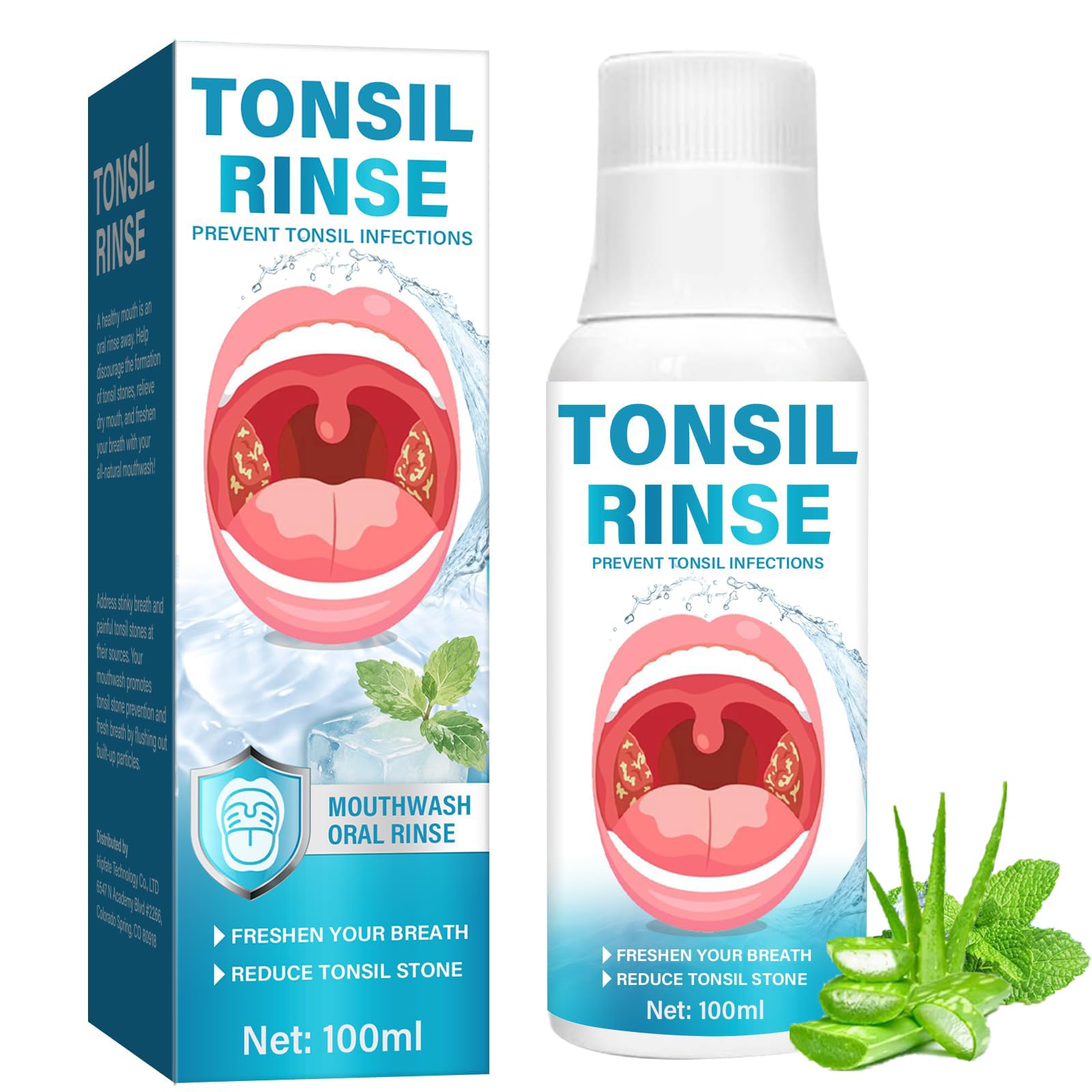 Tonsil Stone Remover Mouthwash bottle with natural herbal ingredients label