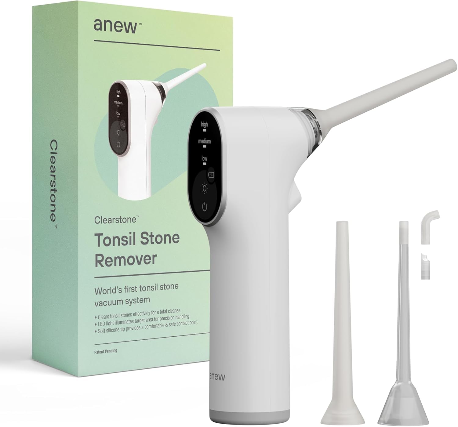 Electronic vacuum tonsil stone remover in white, front view.