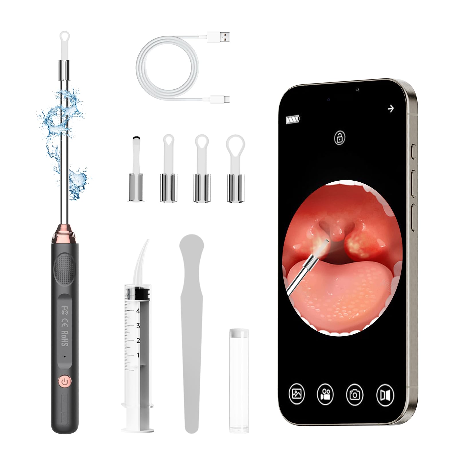 Tonsil Stone Remover with Camera in black and gold front view