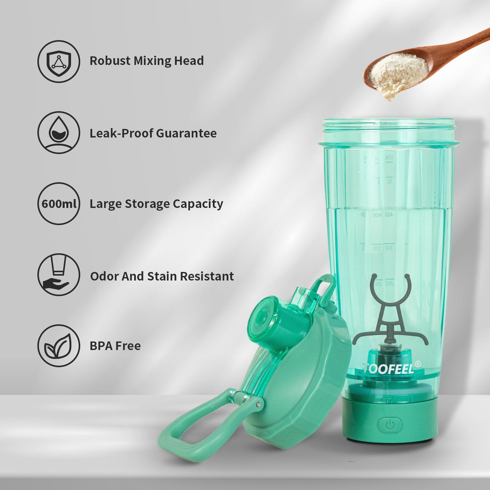 Green BPA-free TOOFEEL shaker bottle with lid and seal
