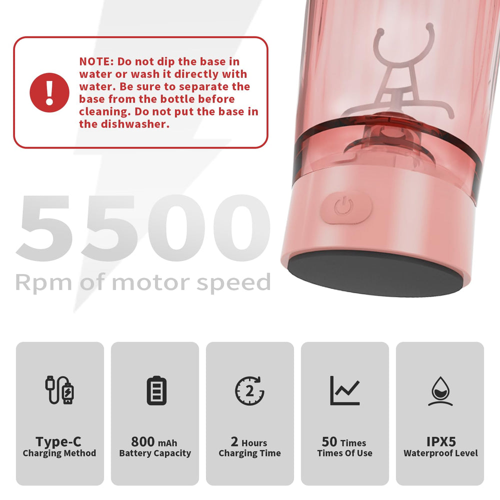 Self-stirring pink protein shaker bottle with USB charging port