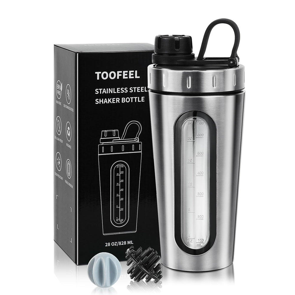 TOOFEEL 28oz stainless steel shaker bottle with visible window for precise water level