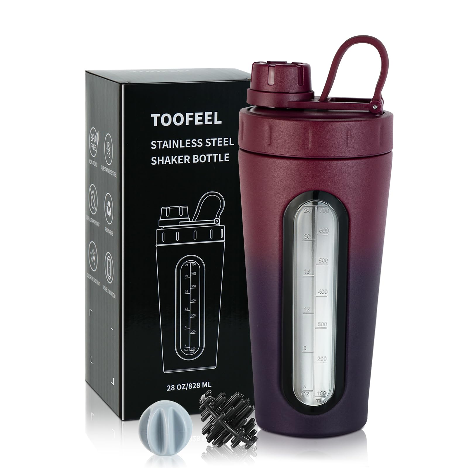 TOOFEEL 28oz shaker with visible window shows water level for accurate protein mixes.