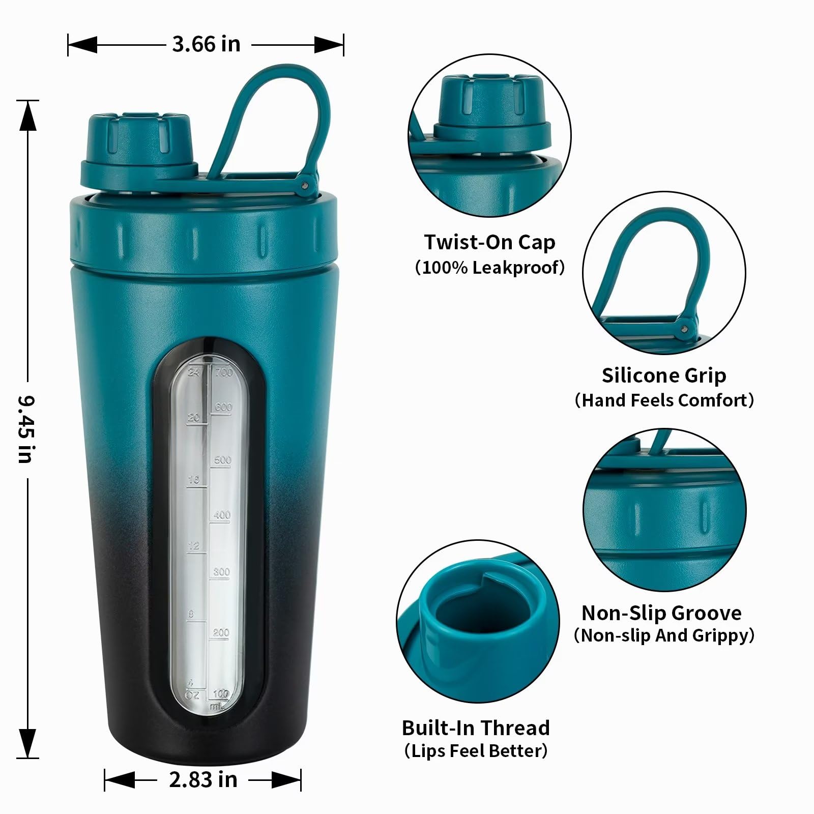 TOOFEEL shaker bottle with lid twist demonstrates reliable leakproof design for travel.