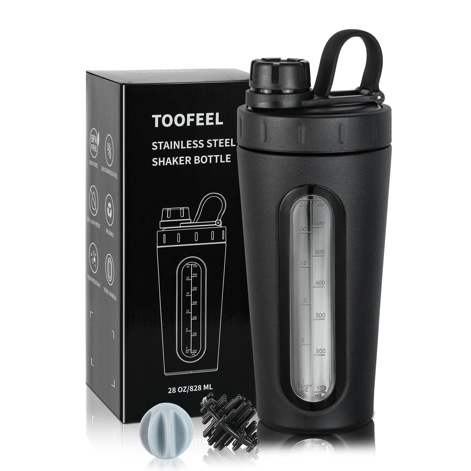 TOOFEEL stainless steel shaker 28oz with visible window for hydration tracking