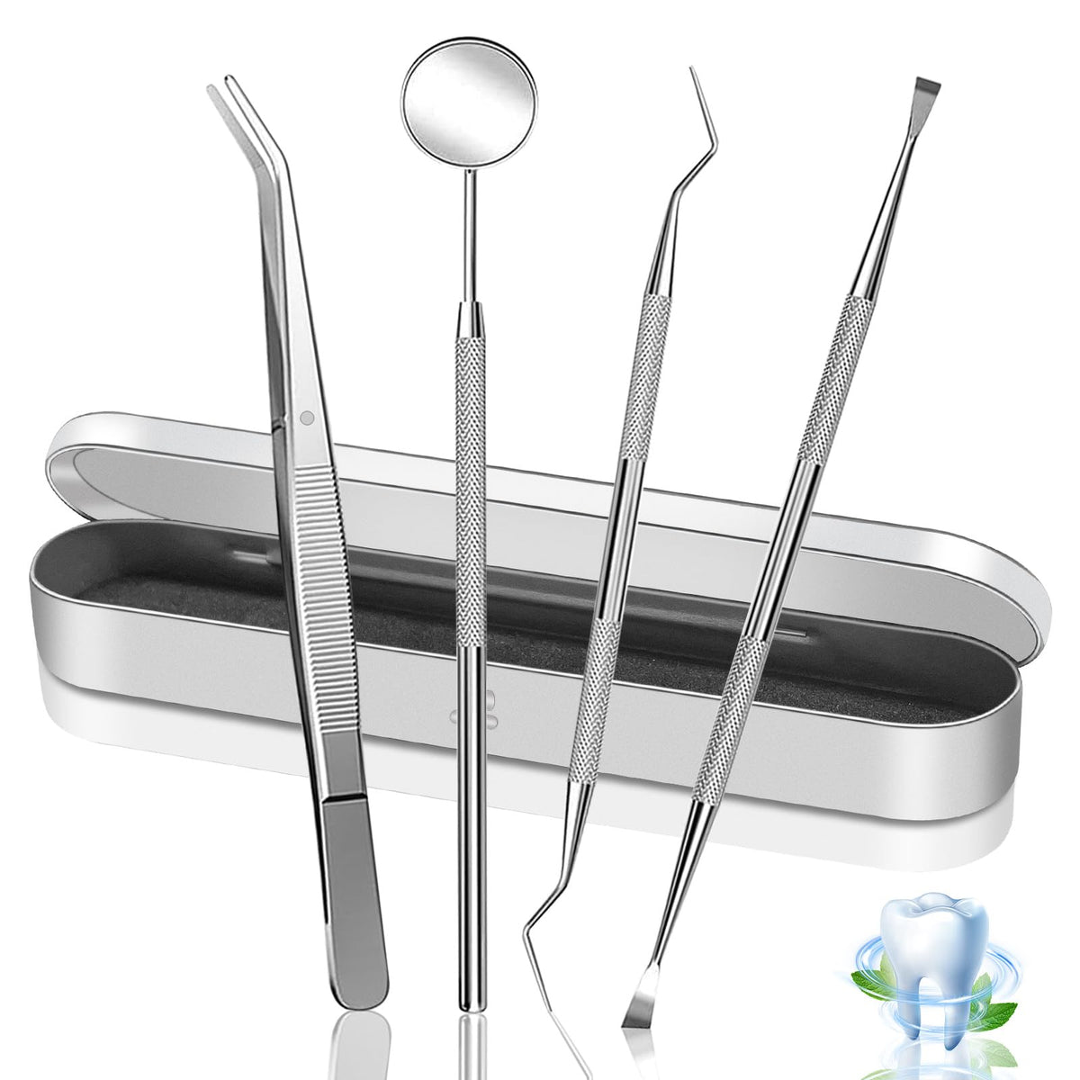4-in-1 dental tool set with mirror, tweezers, probe, and tartar scraper