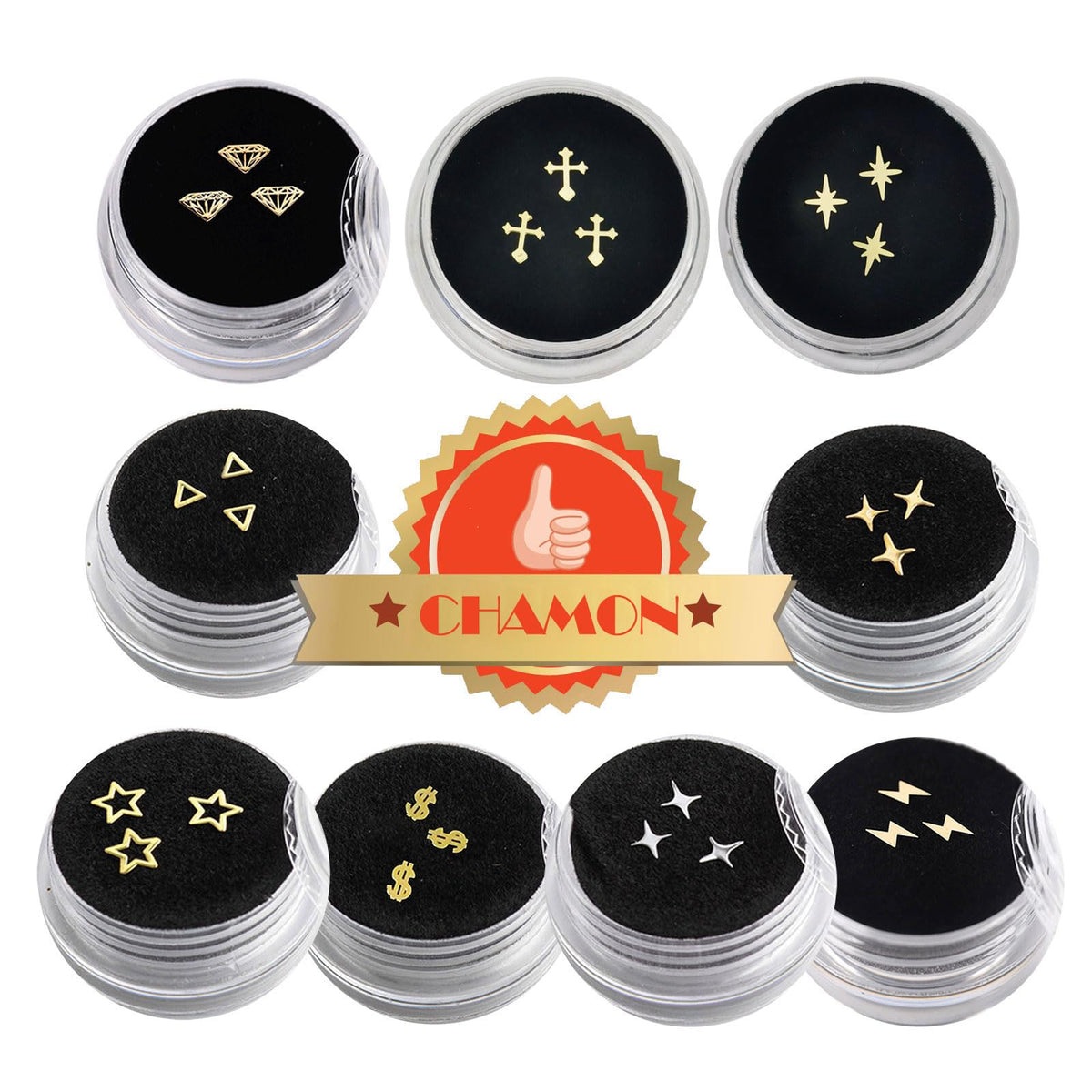 Gold and silver tooth gems set in the 9-box packaging