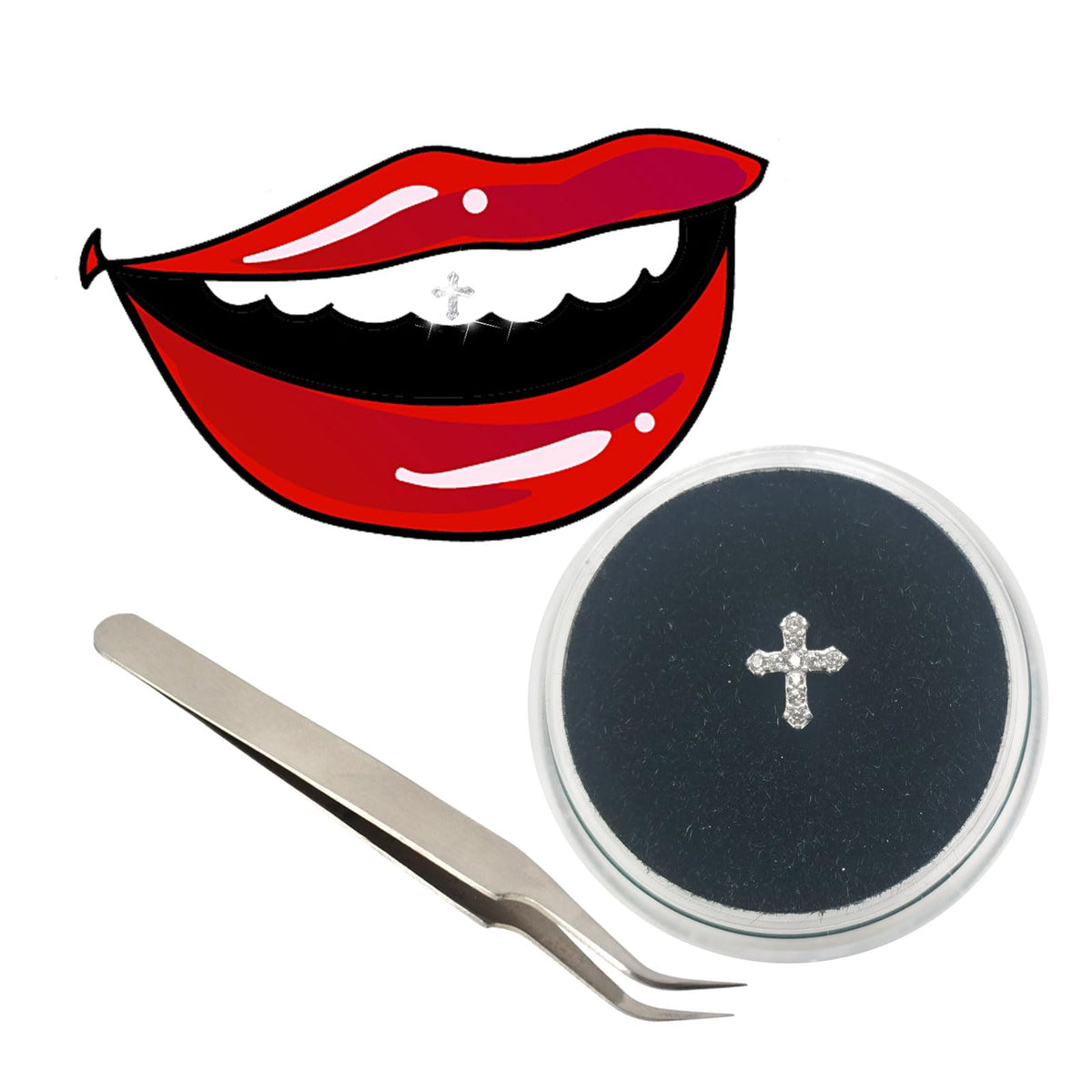 Silver zircon cross tooth gem front view