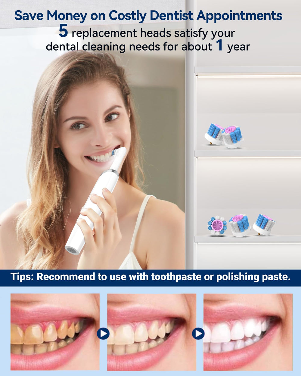 Rechargeable oral care device with five replacement brush heads