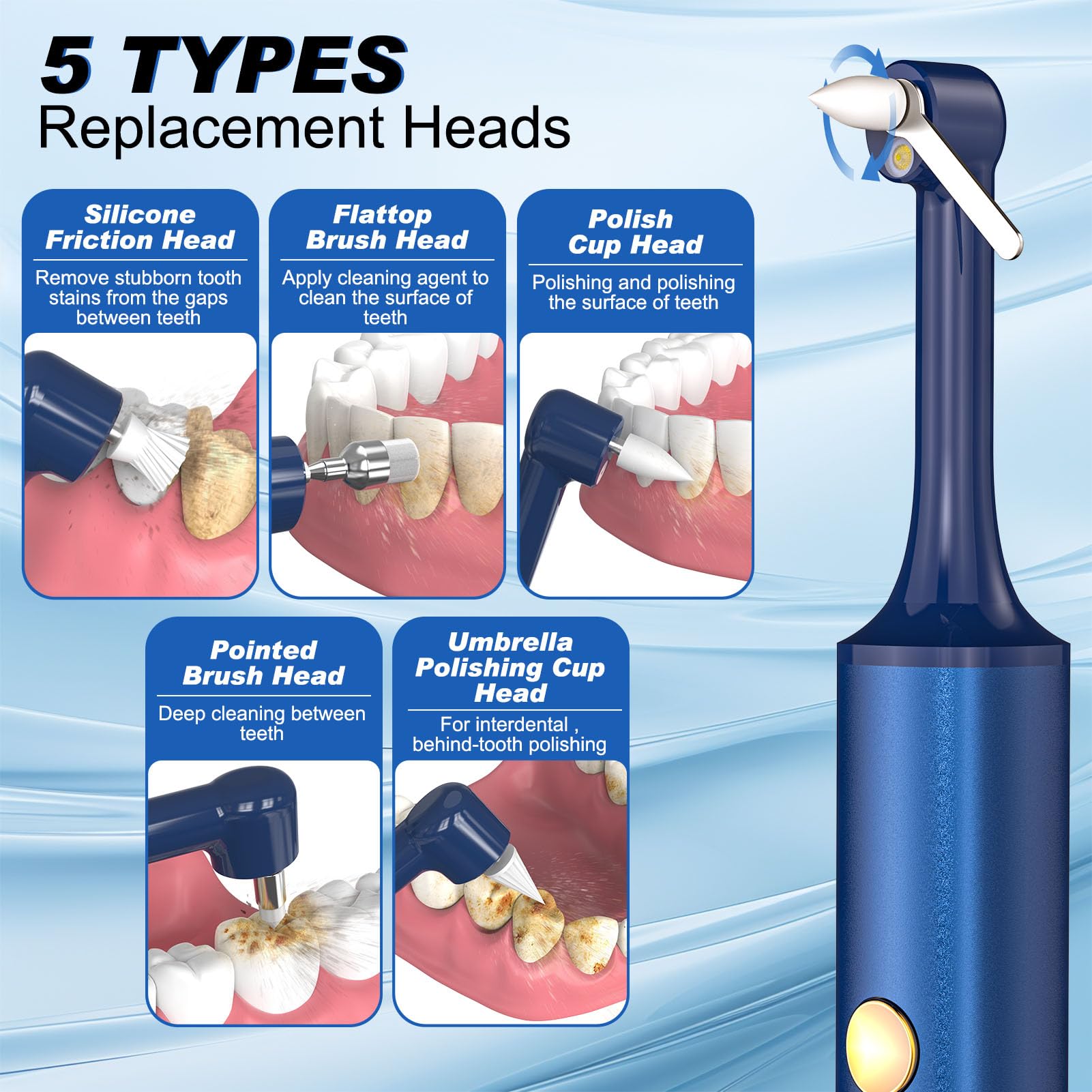 Five replaceable brush heads for tooth polisher