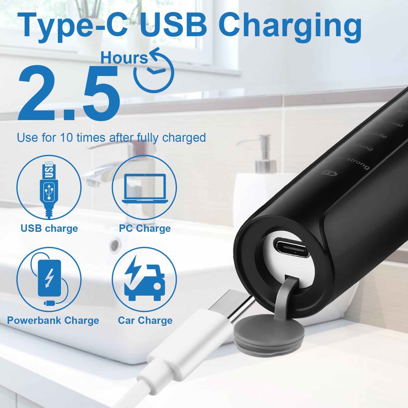 USB-C charging cable connected to SIQUER Tooth Polisher