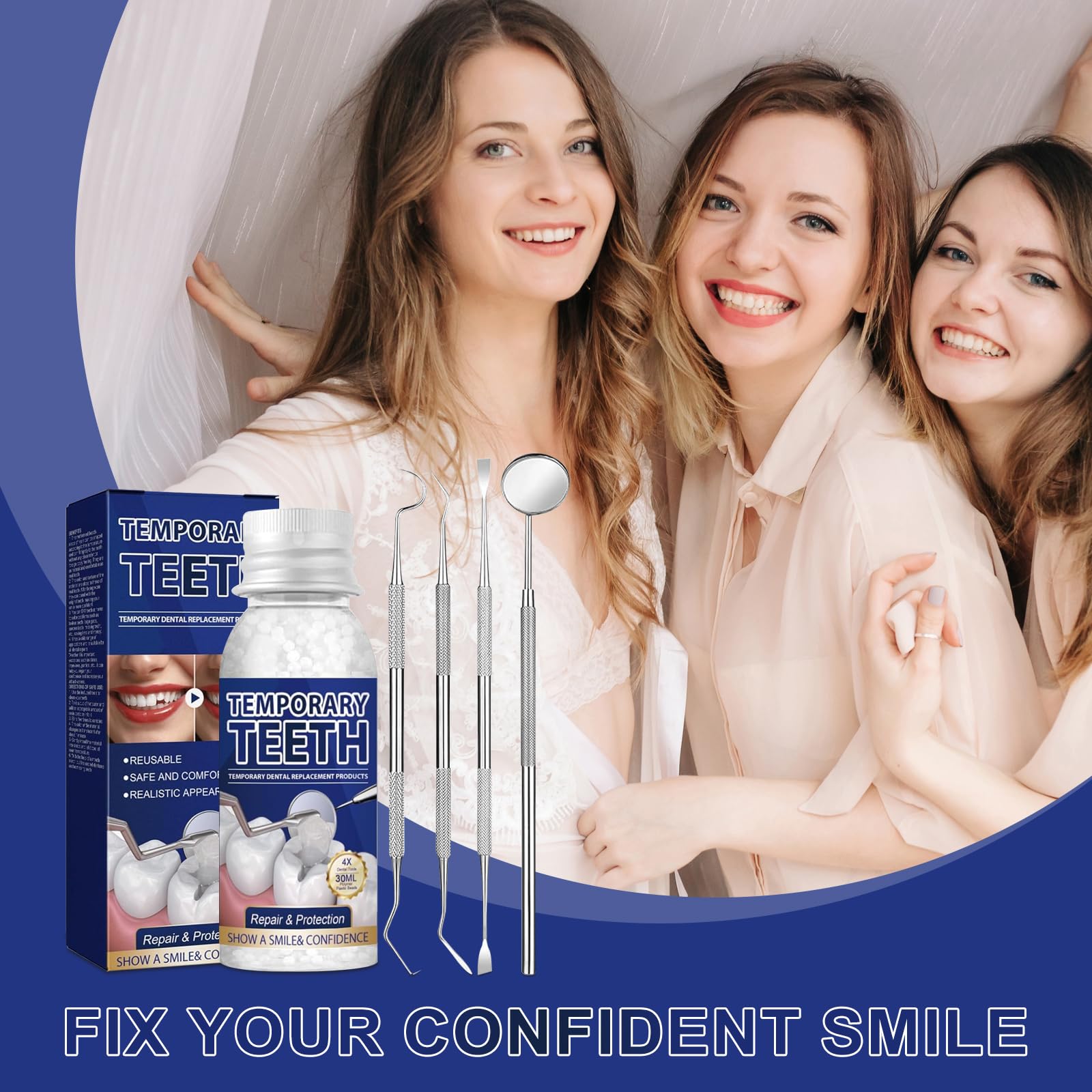 Four dental tools included in the kit for shaping and fitting
