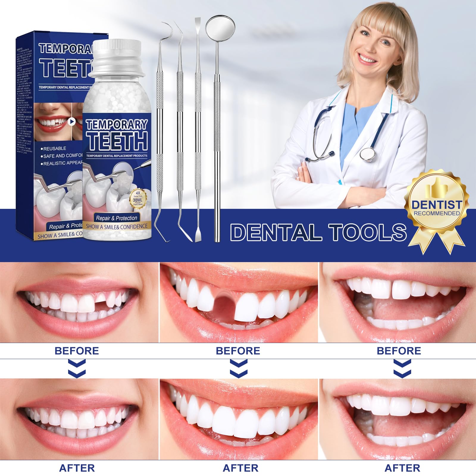 Smiling person with a temporary tooth restoration for confidence