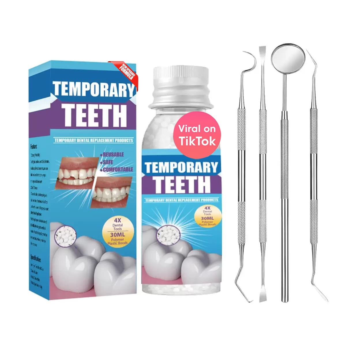 Tooth Repair Kit box with four dental tools