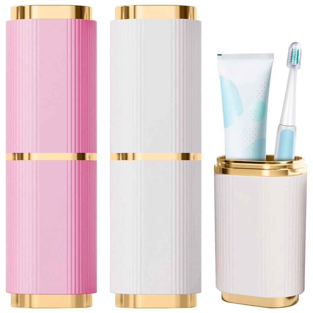 Two-piece pink and white flat cylindrical toothbrush case viewed from the side