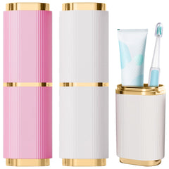 Two-piece pink and white flat cylindrical toothbrush case viewed from the side