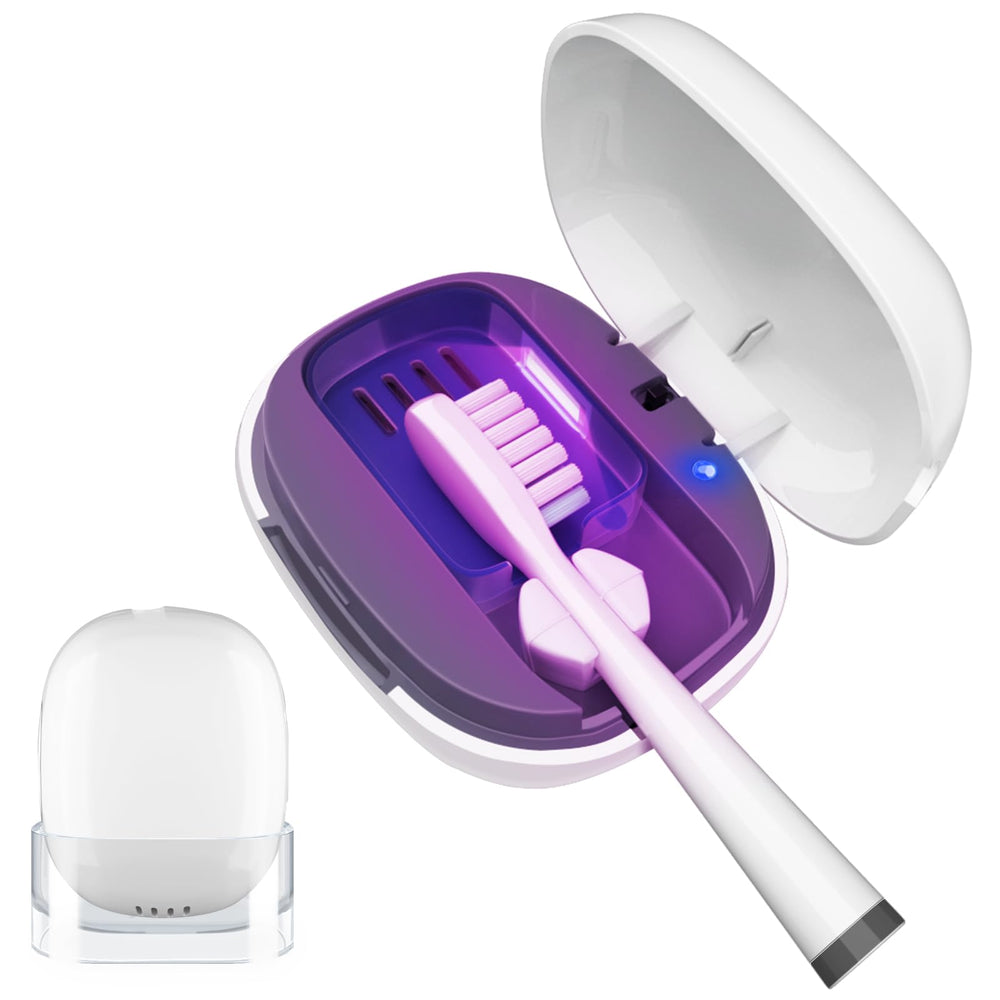 Front view of white toothbrush sanitizer case with built-in light