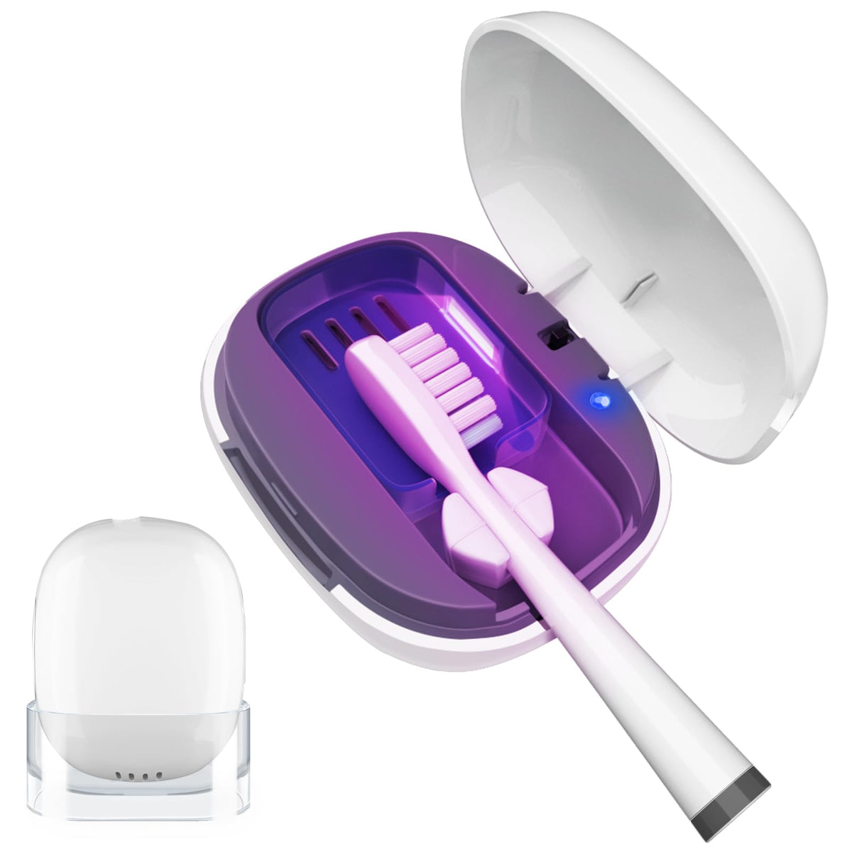 Front view of white toothbrush sanitizer case with built-in light